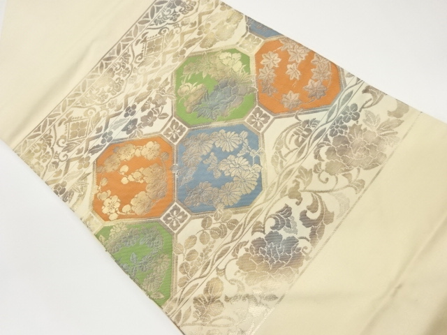 リサイクル　横段に蜀江・花模様織出し名古屋帯